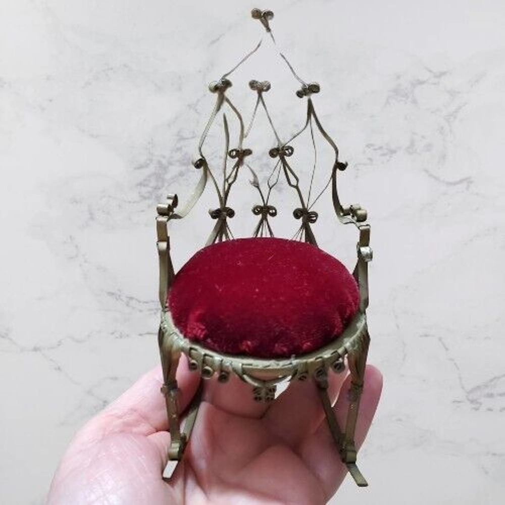 Vintage Tin Can Folk Tramp Art Quilled Rocking Chair Pin Cushion